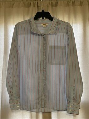 Good Threads Light Blue and Red-Striped Ruffle-Trim Button-Down Shirt